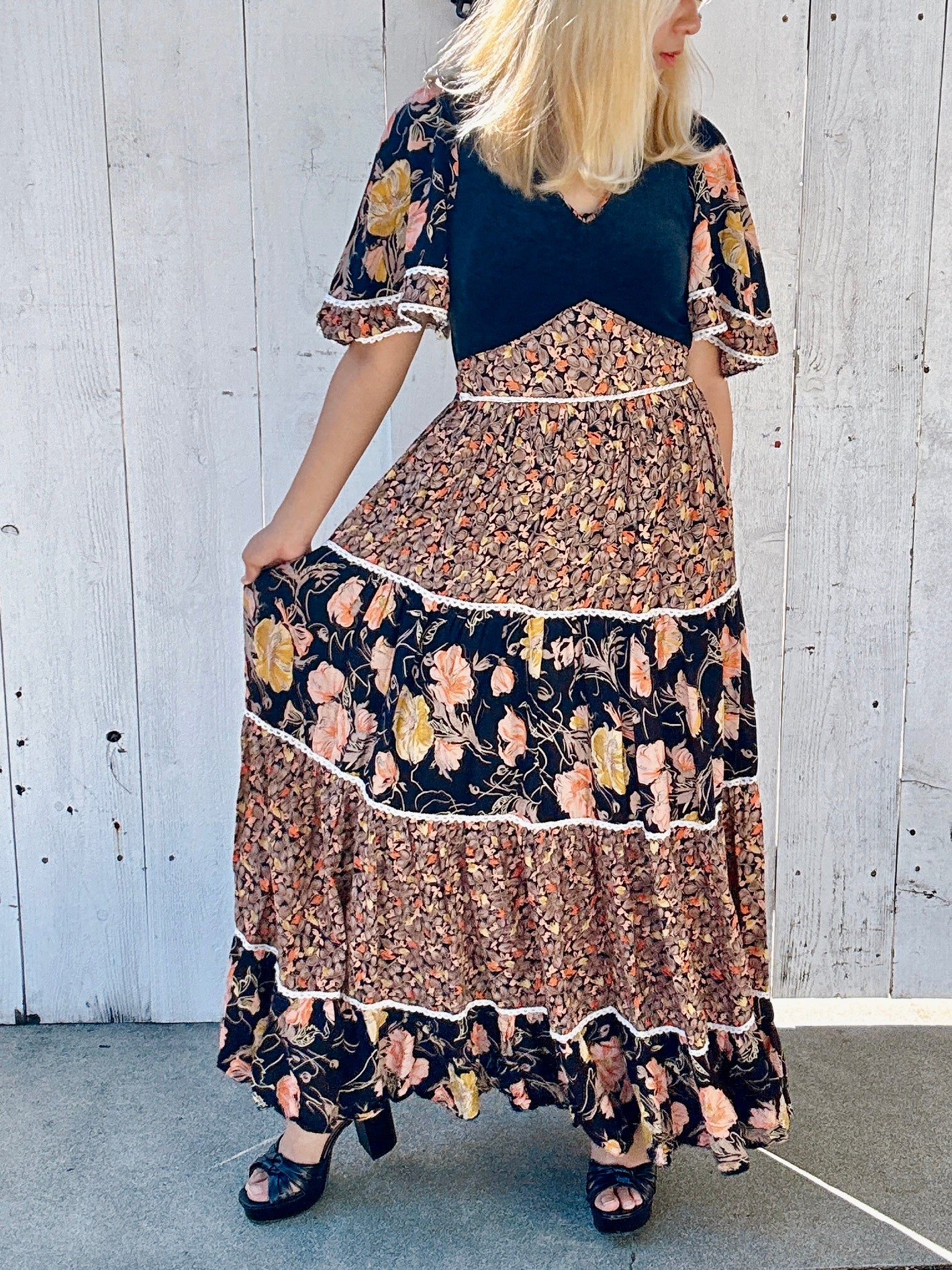 1970s Floral & Velvet Rayon Maxi Dress with Flutter Sleeves