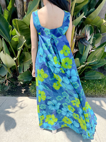 1960s Psychedelic Barkcloth Hibiscus Hawaiian Maxi Dress