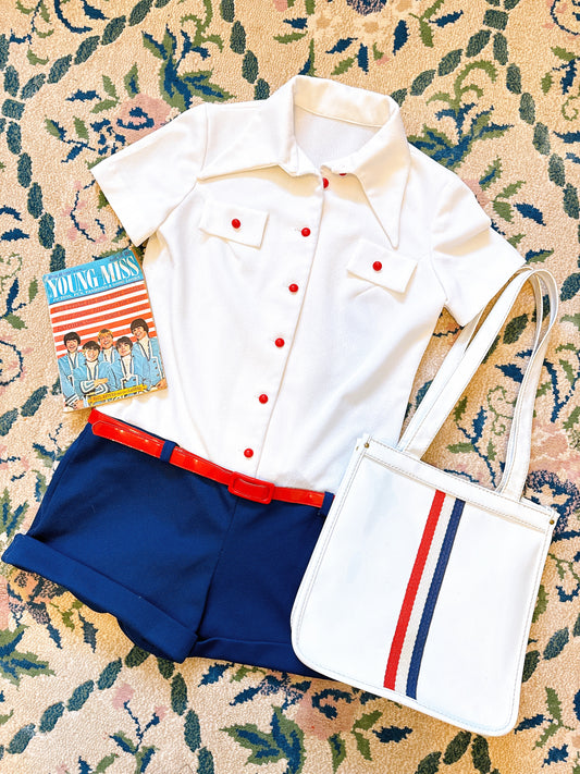 1970s Dagger Collar Navy / White / Red Hot Pants Mini Romper