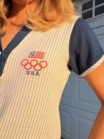 1980s Olympics 1984 USA Short Sleeve V-Neck Baseball Tee