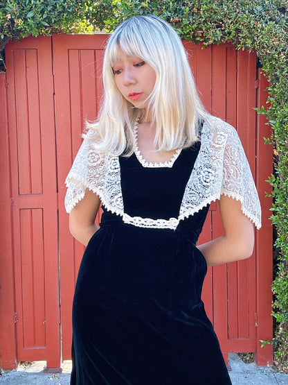 1970s Black Velvet and Lace Cape Maxi Dress