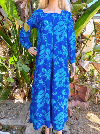 1960s Blue Hawaiian Long Sleeve Maxi Dress