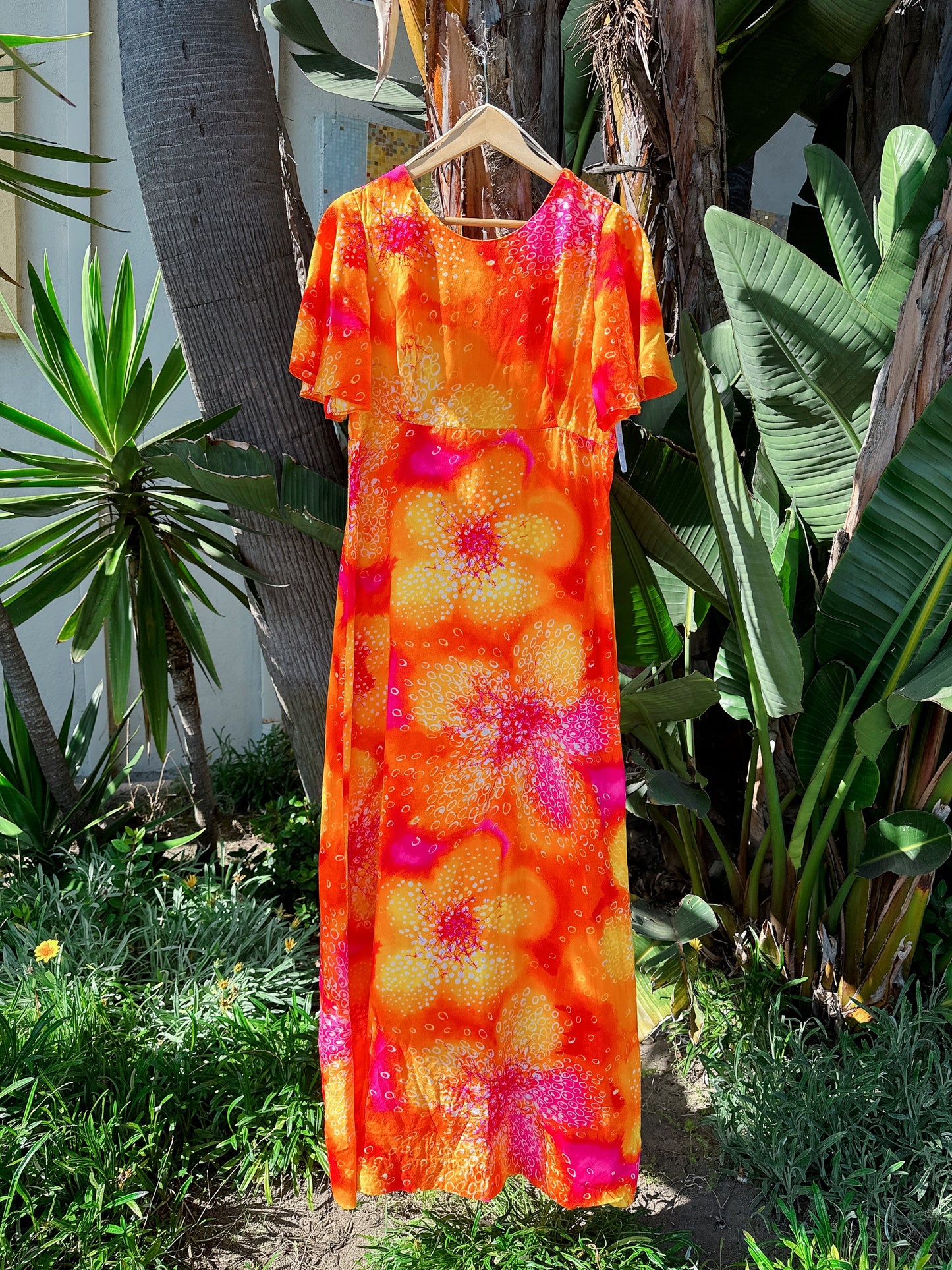 1970s Neon Orange Flutter Sleeve Maxi Hawaiian Dress