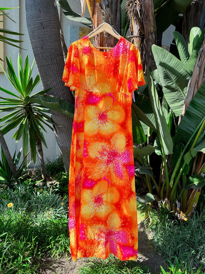 1970s Neon Orange Flutter Sleeve Maxi Hawaiian Dress