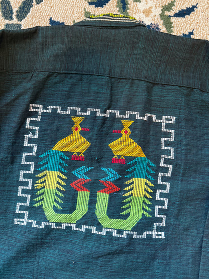 1970s Guatemalan Quetzal Bird Embroidered Cotton Folk Shirt