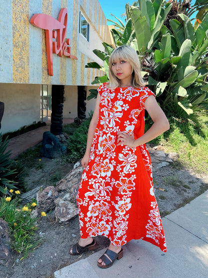 1960s Orange Hibiscus Hawaiian Maxi Dress