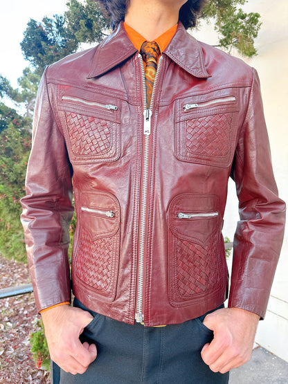 1970s Burgundy Basket Weave Pockets and Metal Zipper Leather Jacket