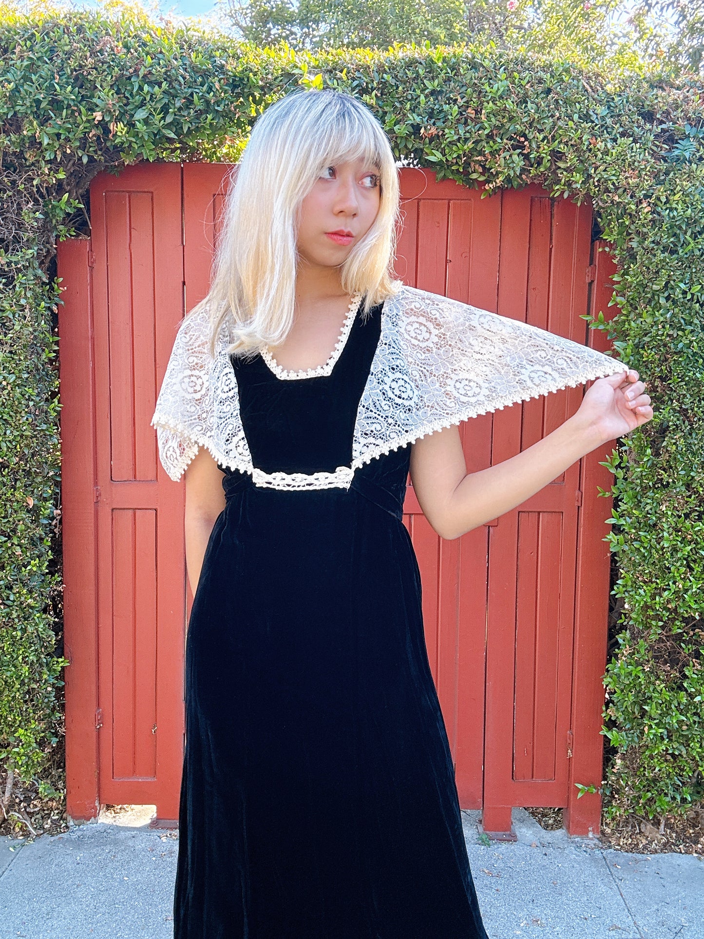 1970s Black Velvet and Lace Cape Maxi Dress