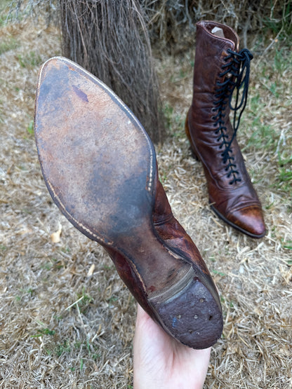 1900s Edwardian Antique Brown Leather Lace Up Boots Size 6