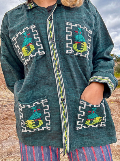 1970s Guatemalan Quetzal Bird Embroidered Cotton Folk Shirt