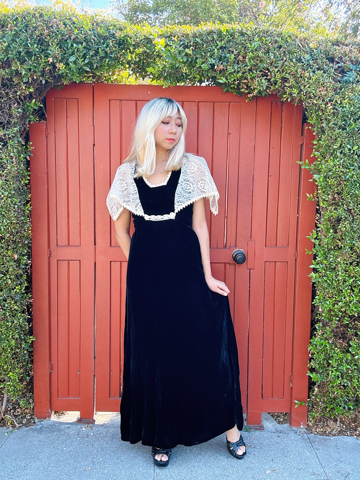 1970s Black Velvet and Lace Cape Maxi Dress