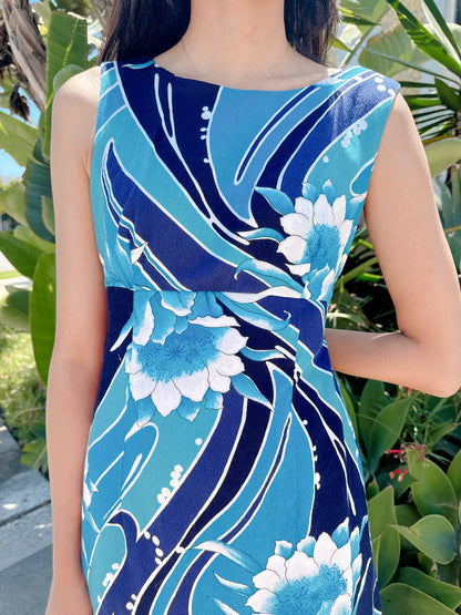 1960s Blue Psychedelic Floral Hawaiian Maxi Dress