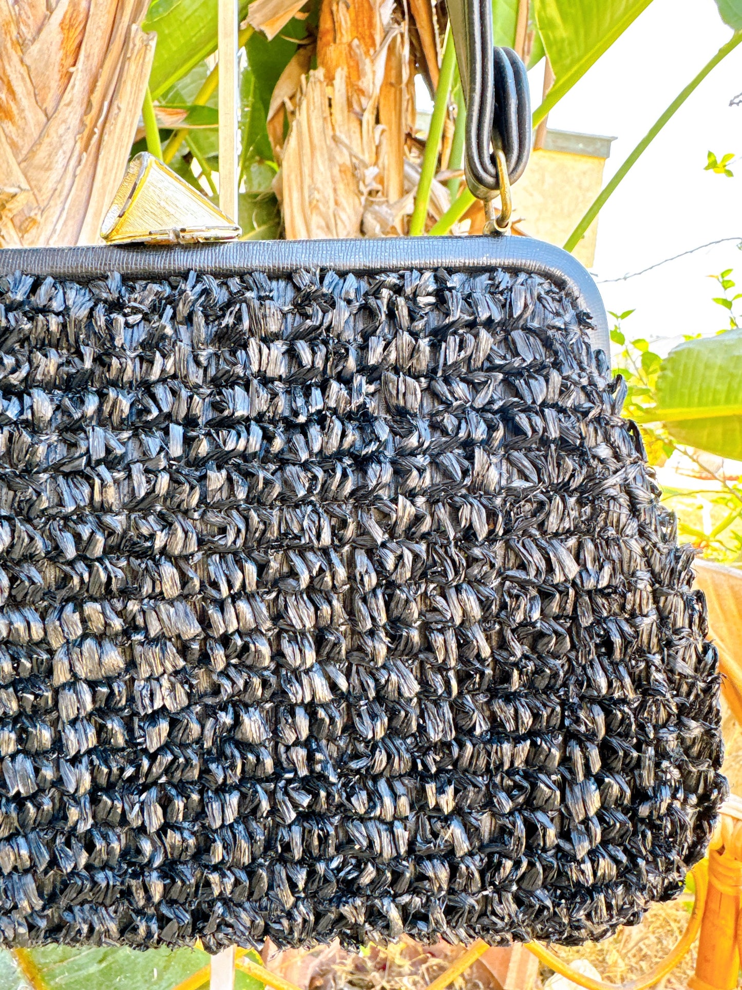 1960s Black Raffia Straw and Leather Purse