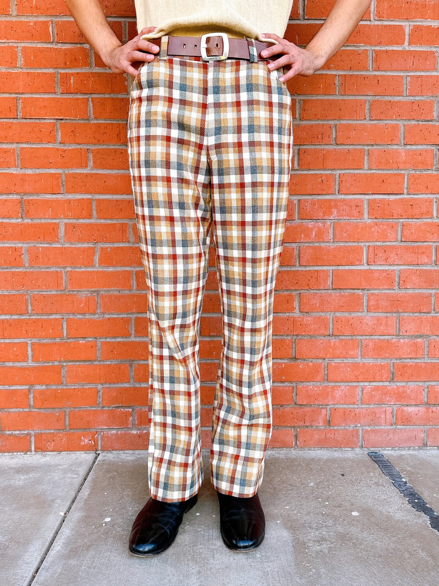 1960s Cricketeer Plaid by Country Plaid Brown, Burgundy, Blue Plaid Pants 33x33