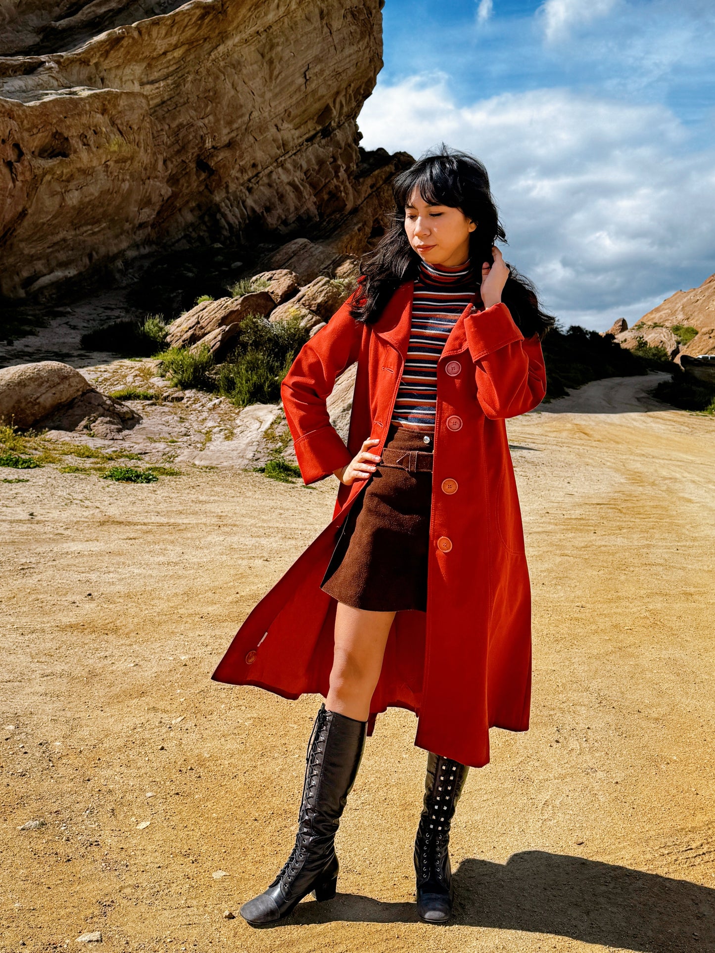 1970s Brick Red Trench Coat with Detachable Hood