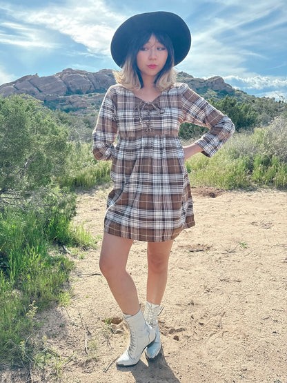 1990s Brown and White Plaid Tie-Up Bodice Dress