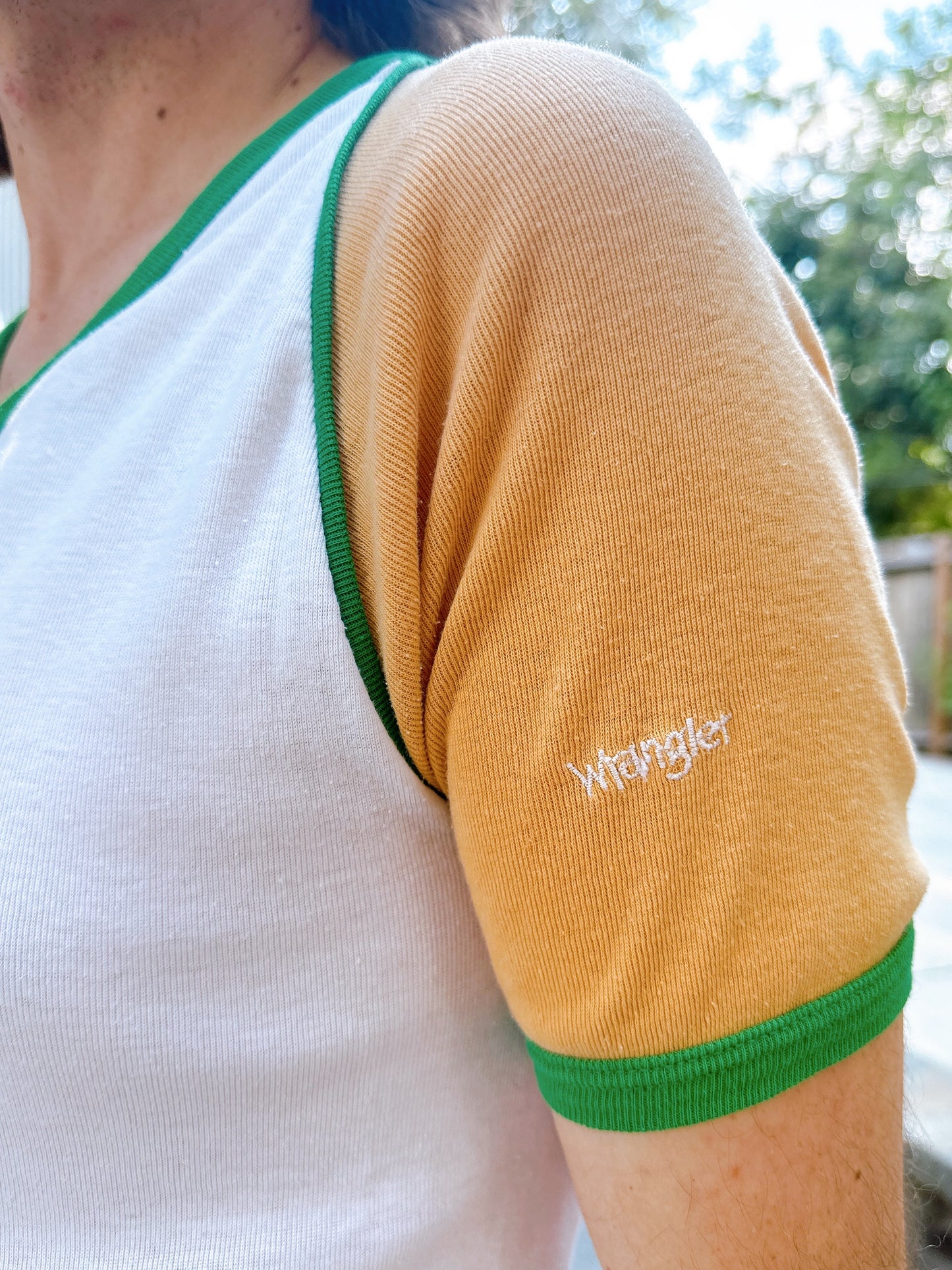 1980s Green, Yellow, White V-Neck T-Shirt by Wrangler