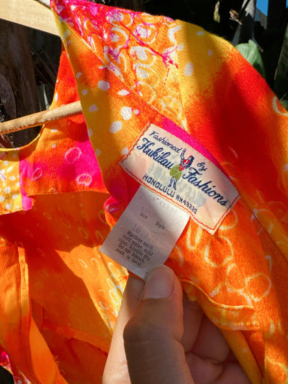 1970s Neon Orange Flutter Sleeve Maxi Hawaiian Dress