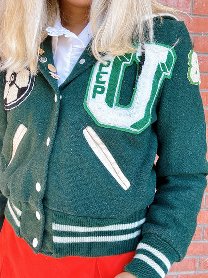 1980s Cheerleader Upland High School Green and White Varsity Jacket