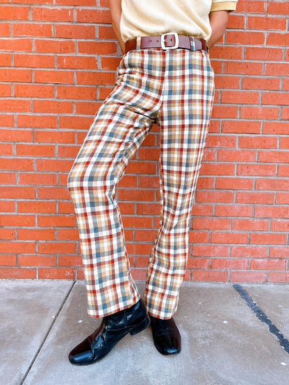 1960s Cricketeer Plaid by Country Plaid Brown, Burgundy, Blue Plaid Pants 33x33