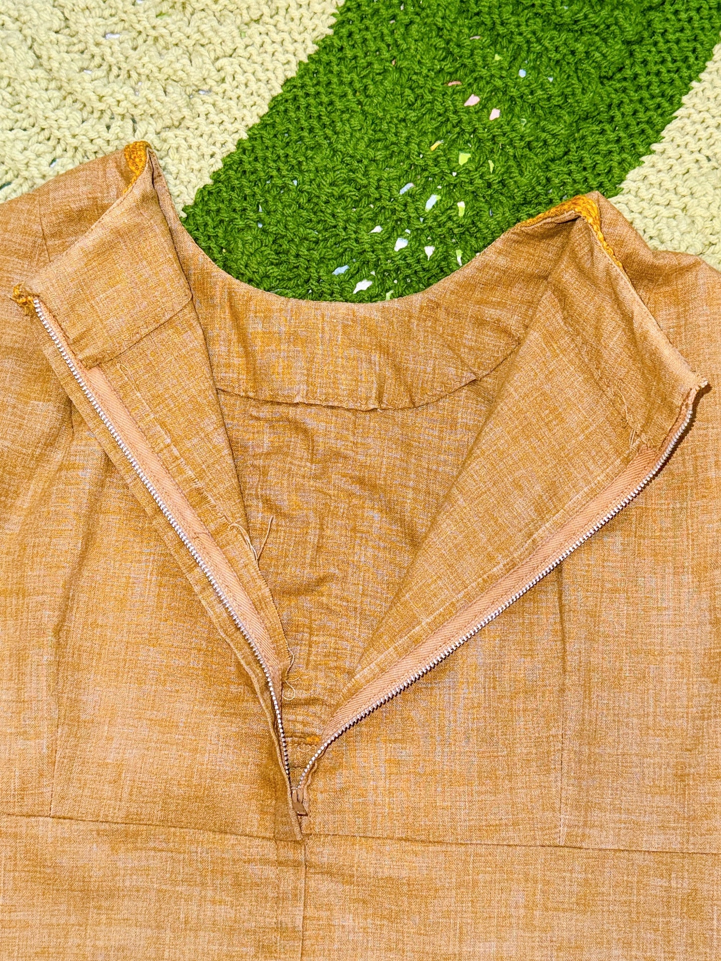 1960s Tan & Floral Embroidery Hippie Mini Shift Dress