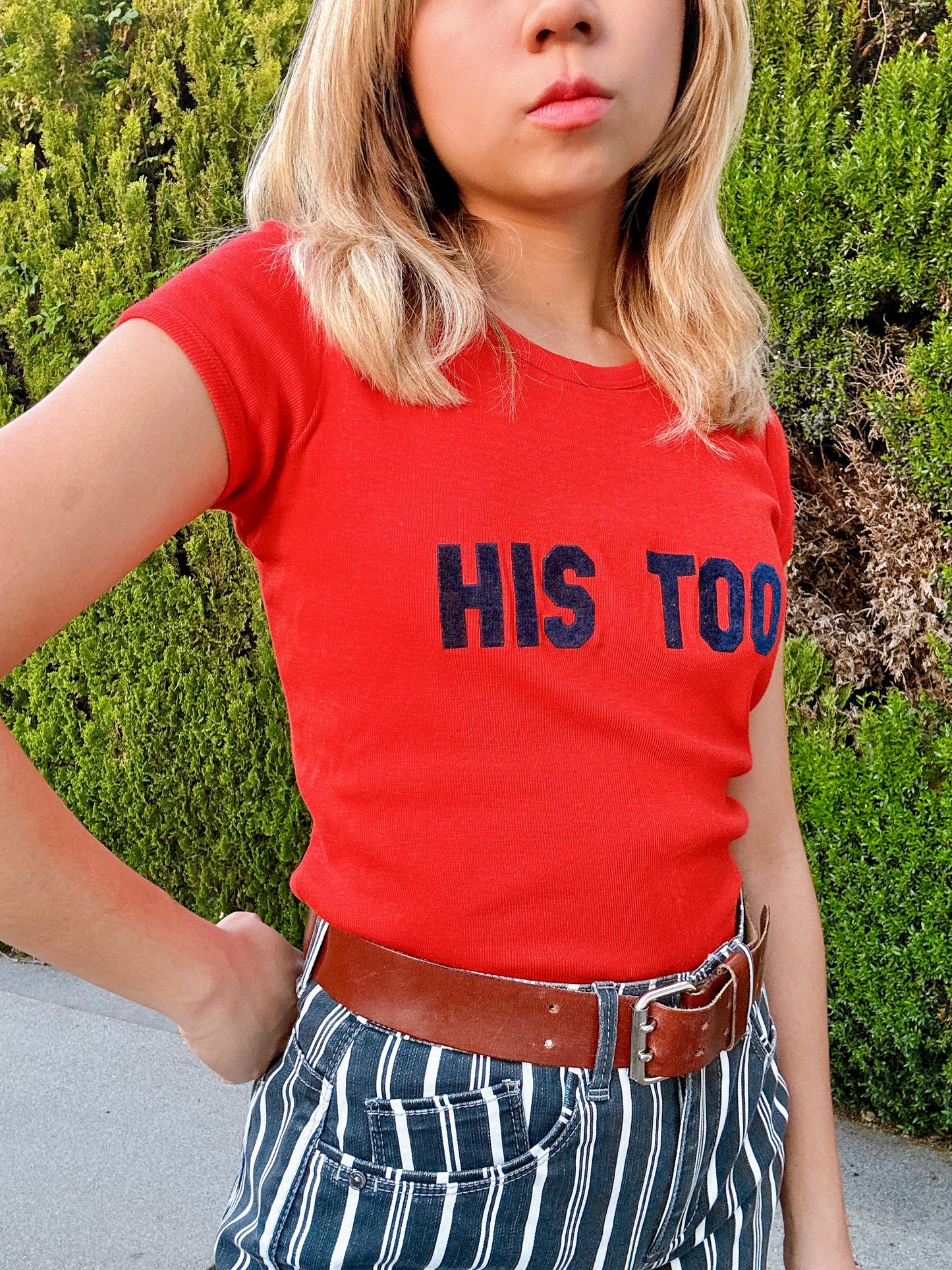 1970s “His Too” Black Velvet Appliqué Novelty Red T-Shirt