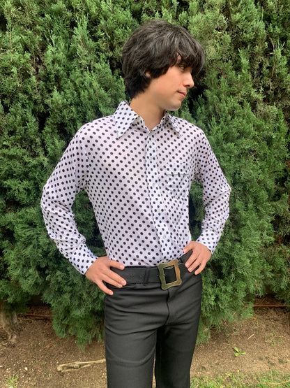 1970s Deadstock White and Black Polka Dot Polyester Shirt