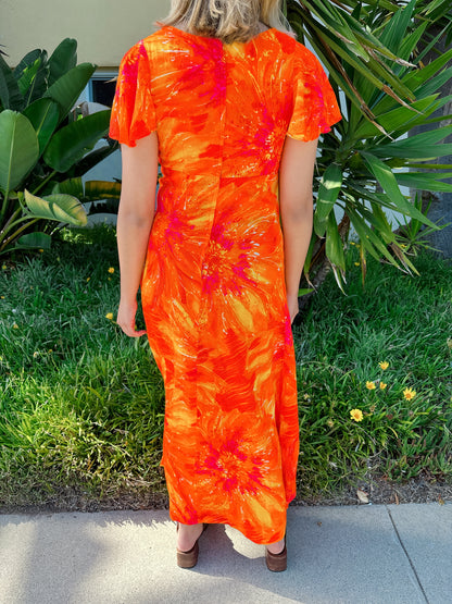 1970s Tangerine Psychedelic Flutter Sleeve Hawaiian Maxi Dress