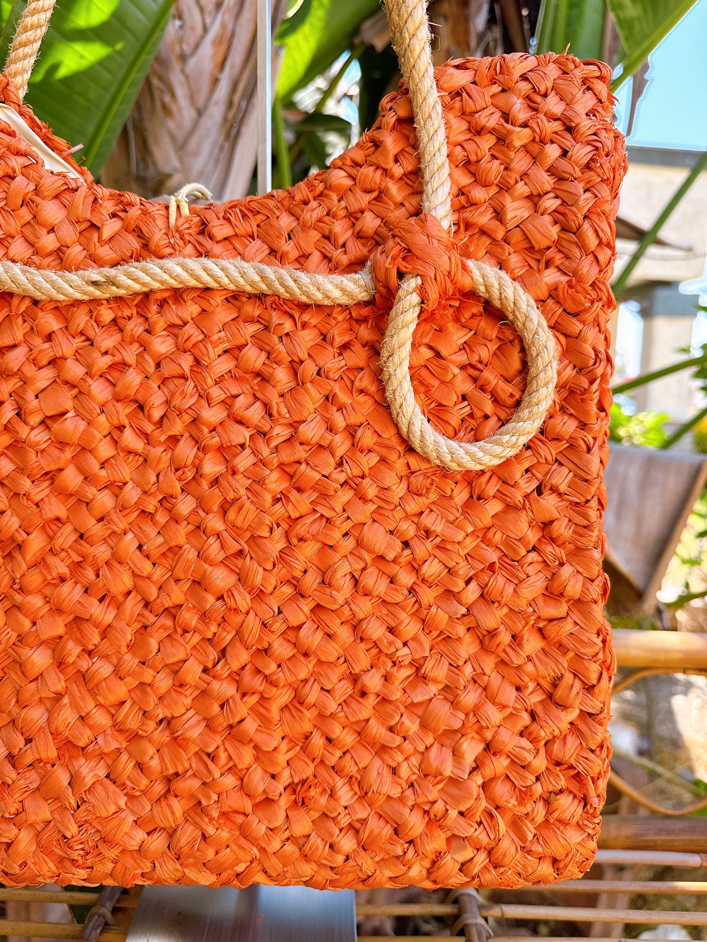 1960s Orange Raffia and Rope Handles Insulated Tote Bag