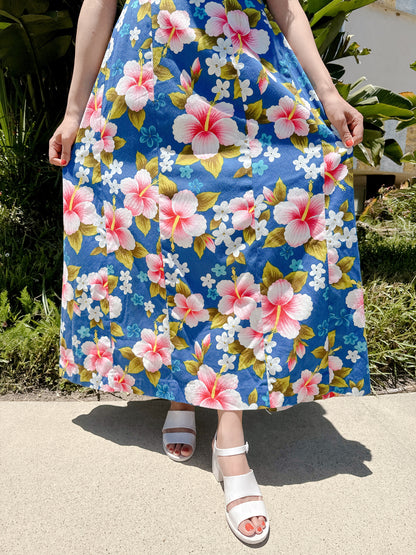 1960s Blue Aloha Floral Hawaiian Maxi Dress with Watteau Back