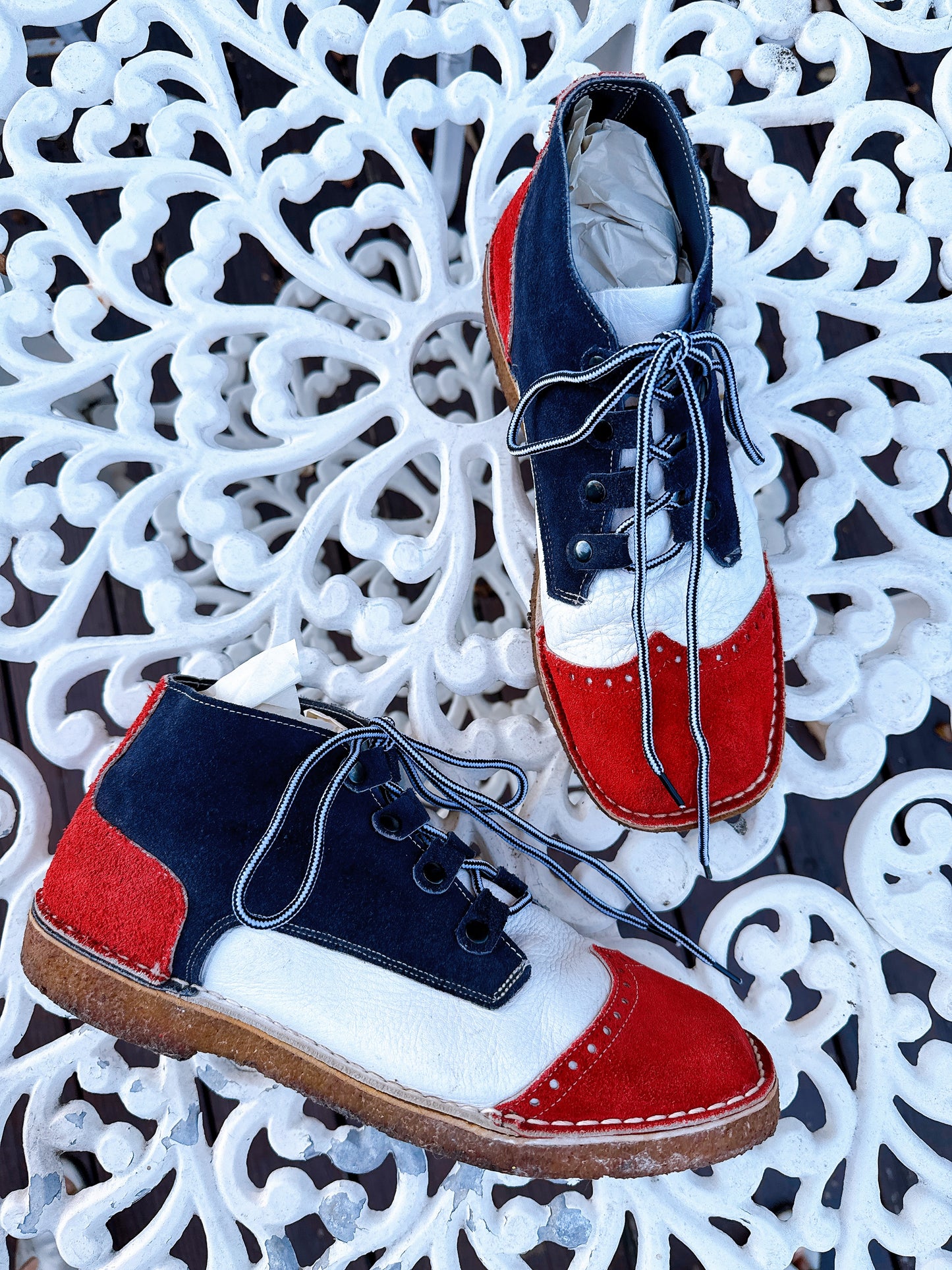 1960s Red, White, & Blue Leather and Suede Lace Up Boots Men’s Size 9