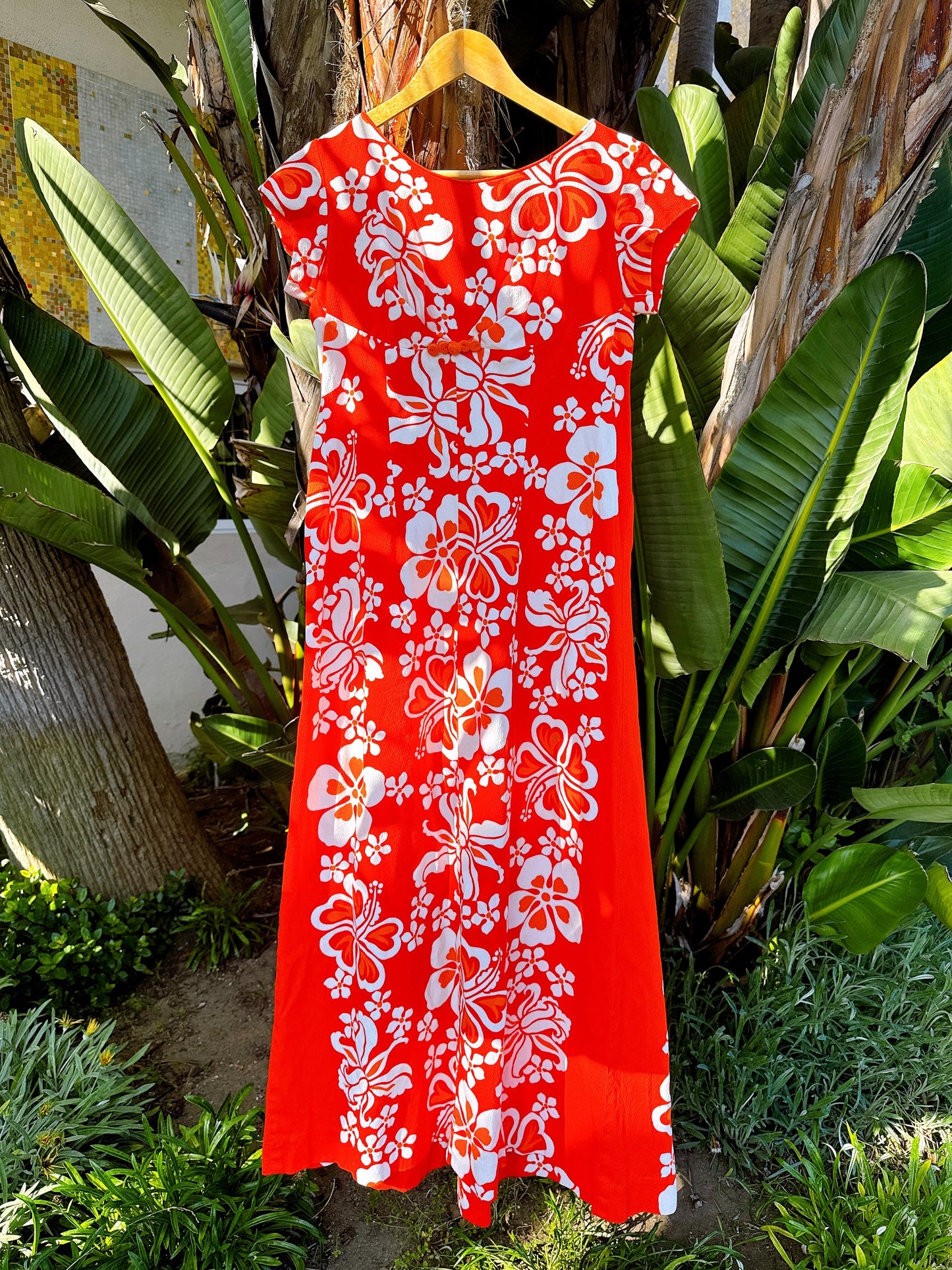 1960s Orange Hibiscus Hawaiian Maxi Dress