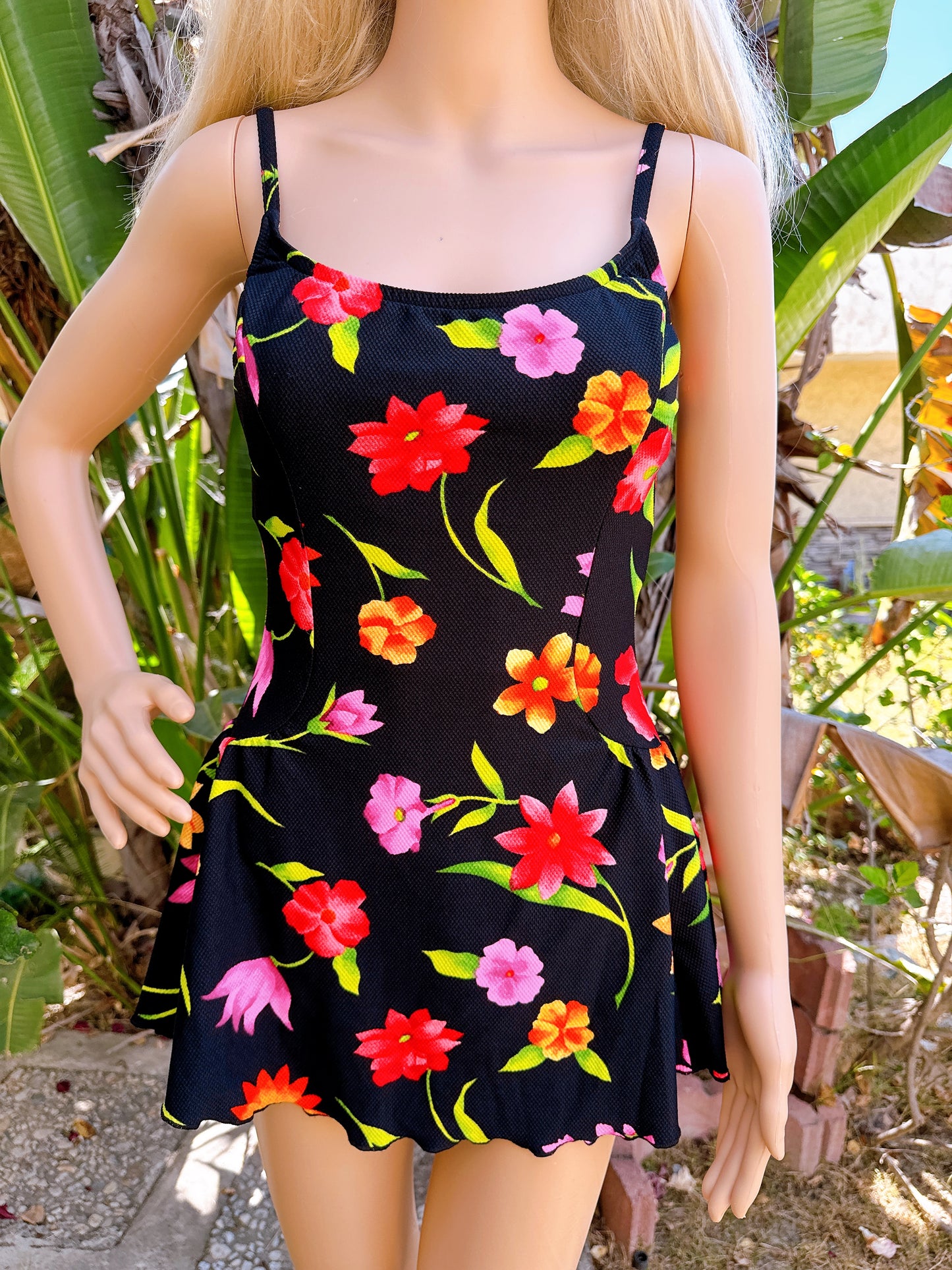 1990s Black Floral Swim Dress by Cole of California