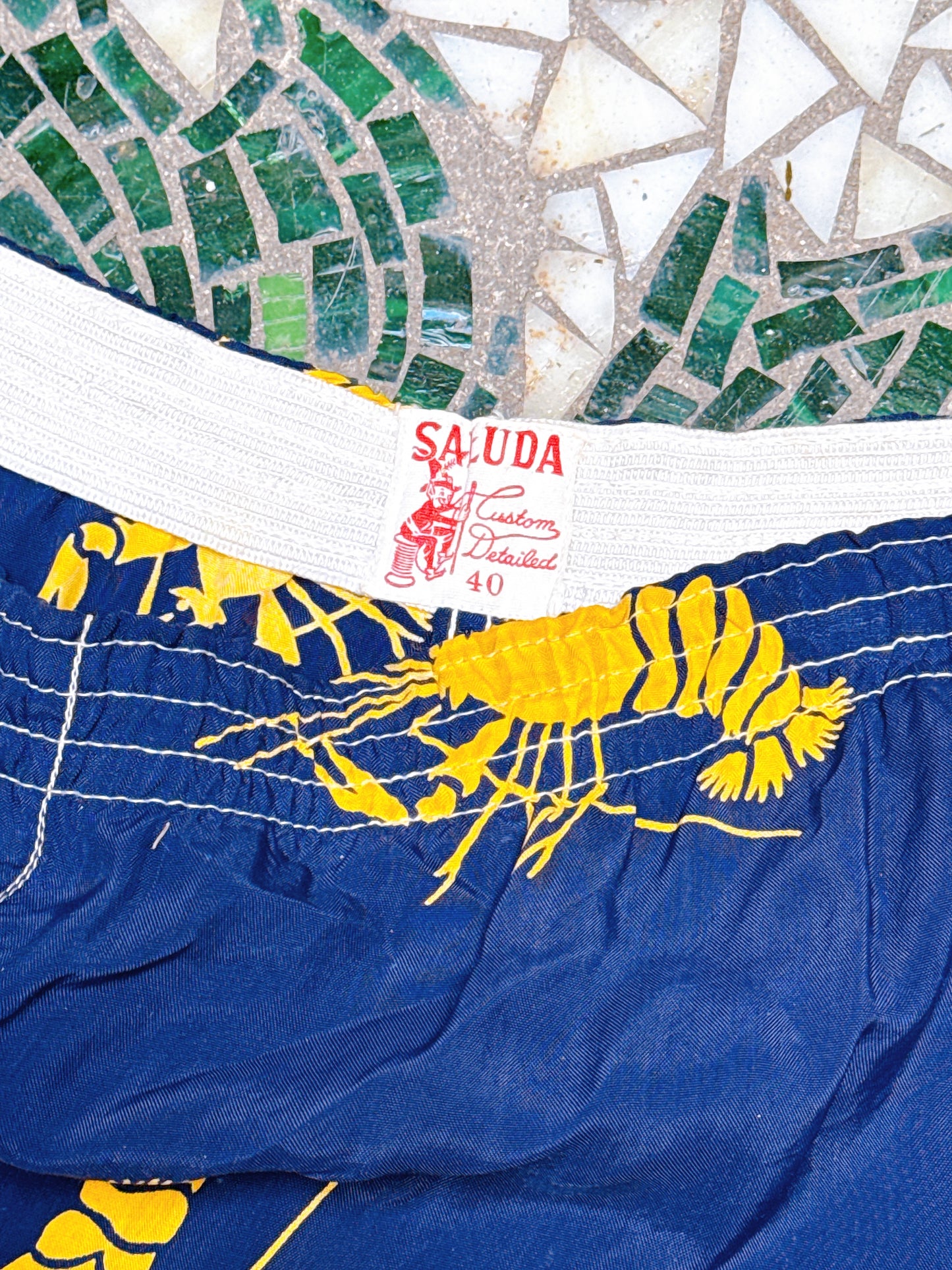 1940s Crawfish Lobster Novelty Navy & Yellow Boxer Shorts Waist 34” - 40”