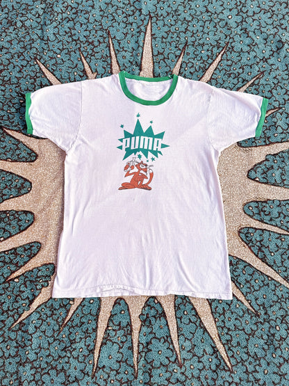 1970s 1980s Puma Panther Pistol White & Green Ringer T-Shirt