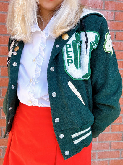 1980s Cheerleader Upland High School Green and White Varsity Jacket