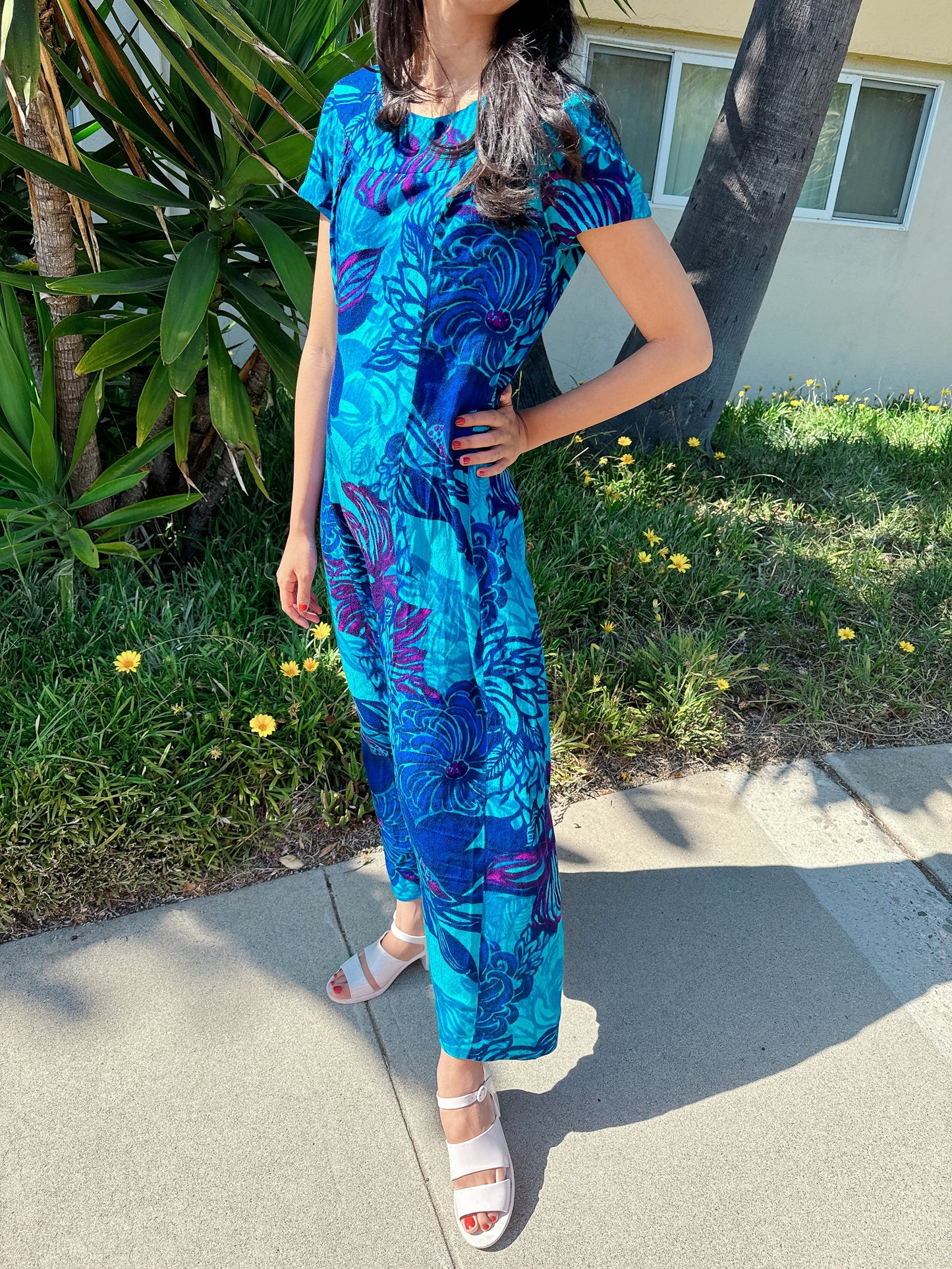 1960s Deep Sea Blue Floral Hawaiian Maxi Dress