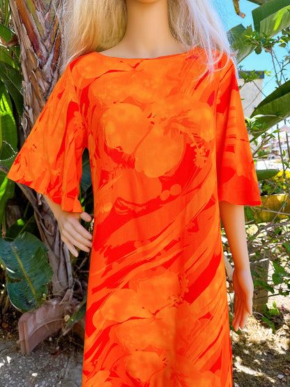 1970s Orange Acid Flutter Sleeve Hawaiian Maxi Dress