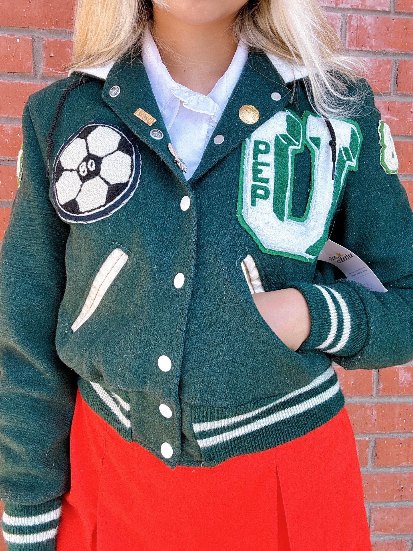 1980s Cheerleader Upland High School Green and White Varsity Jacket