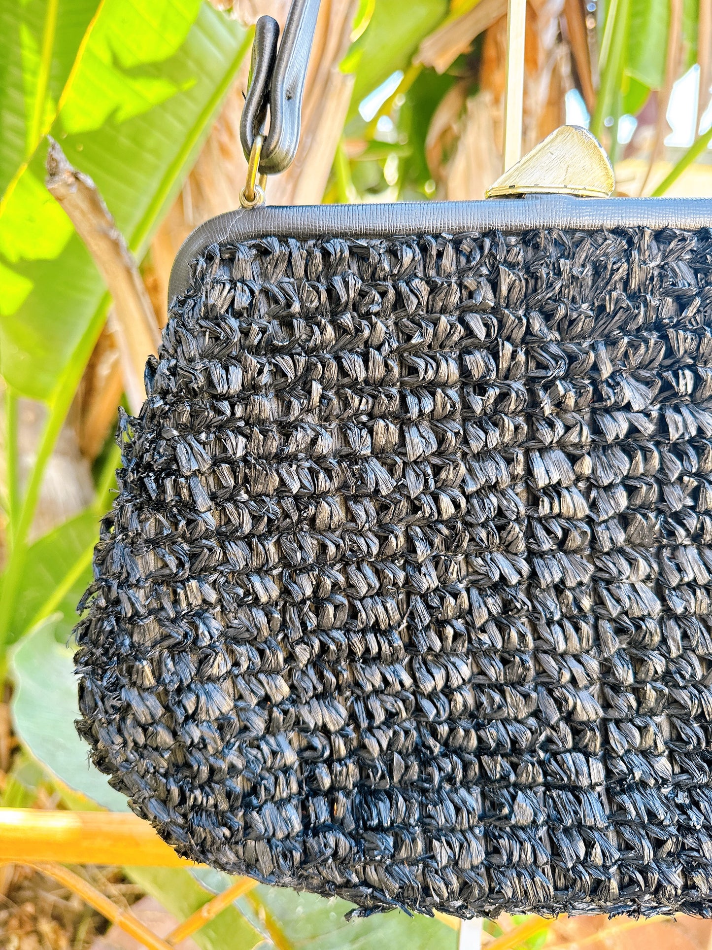 1960s Black Raffia Straw and Leather Purse