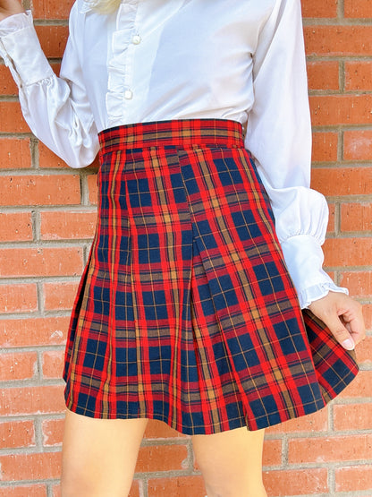 1980s Red & Navy Pleated Plaid Skirt