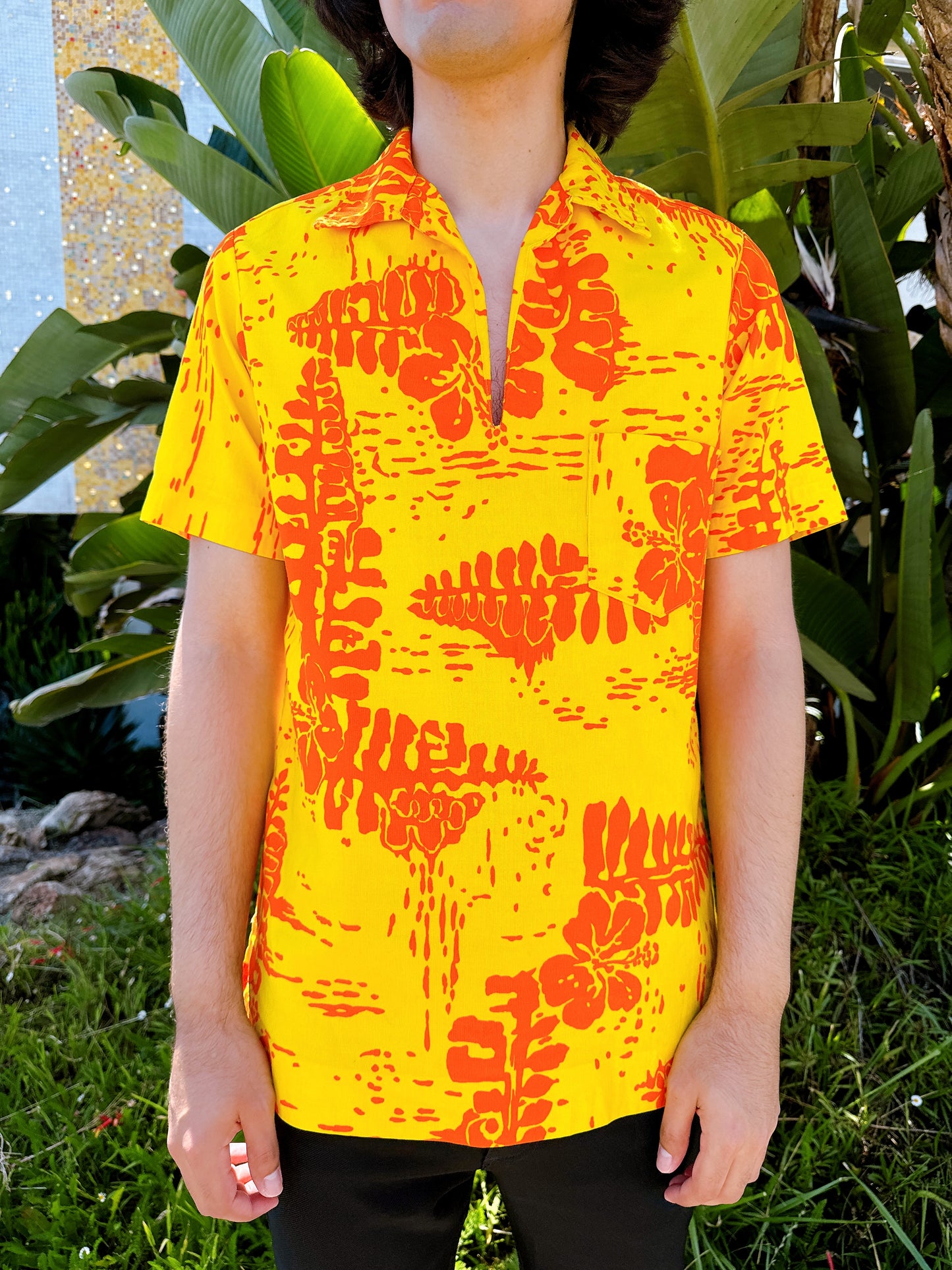 1960s Yellow + Orange Hawaiian Aloha Pullover Top