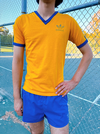 1980s Adidas Yellow & Navy V-Neck T-Shirt