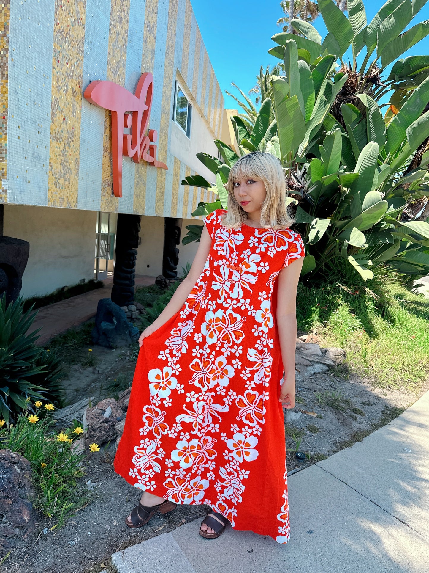 1960s Orange Hibiscus Hawaiian Maxi Dress