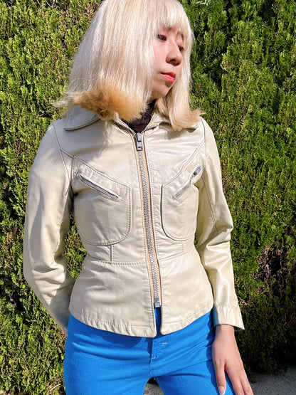 1970s Cream Petite Leather Jacket Acme Zipper