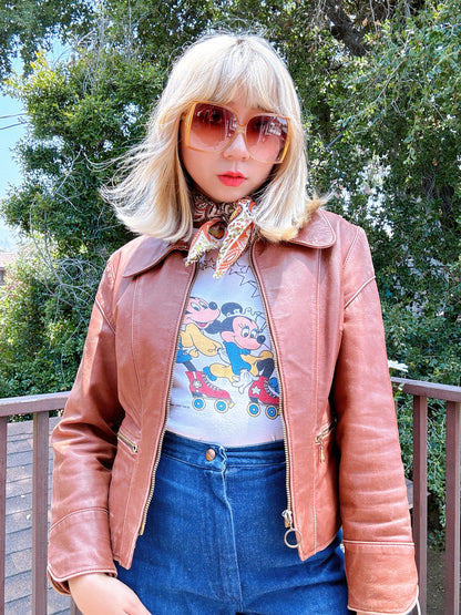 1970s Brown O-Ring Beagle Collar Cropped Leather Jacket