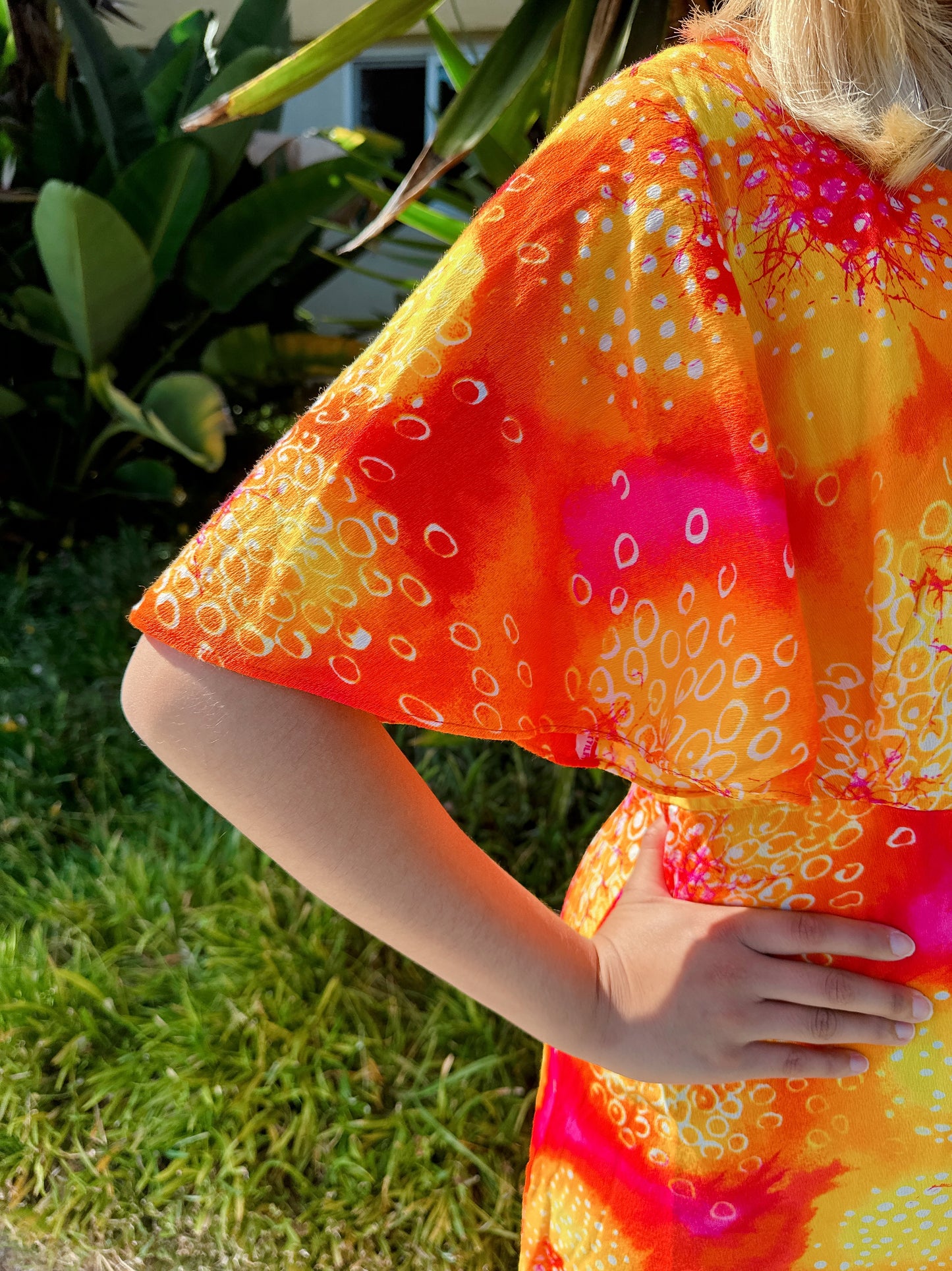 1970s Neon Orange Flutter Sleeve Maxi Hawaiian Dress