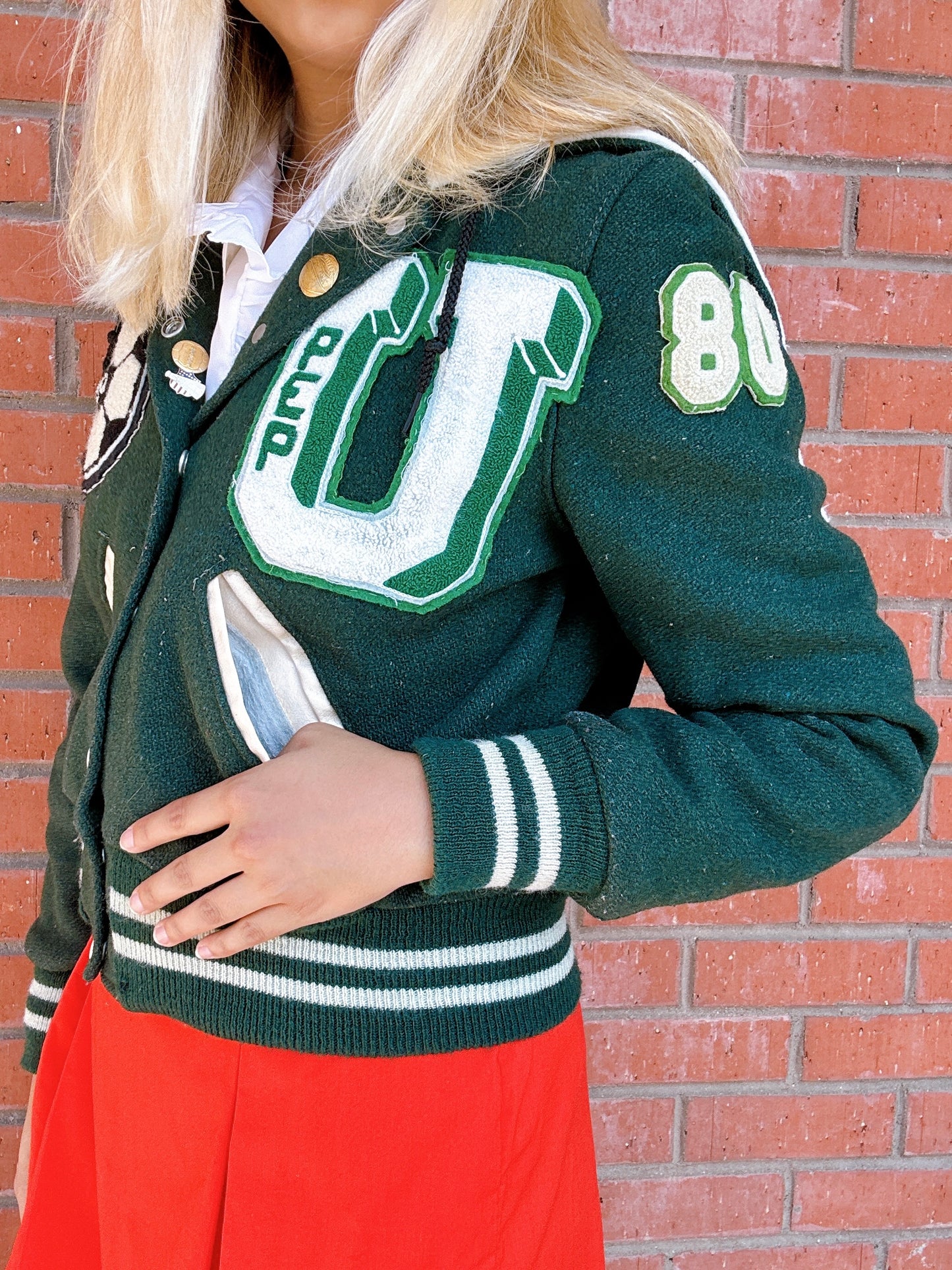 1980s Cheerleader Upland High School Green and White Varsity Jacket