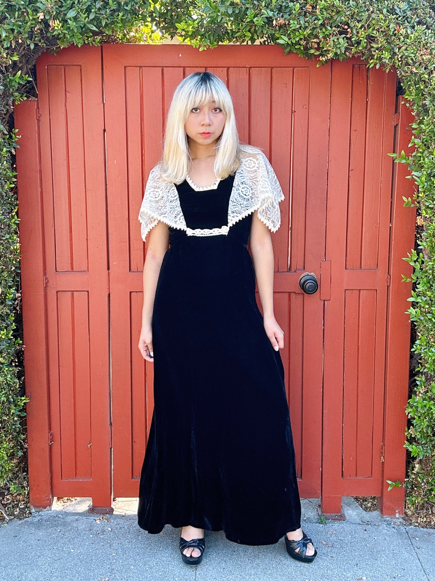 1970s Black Velvet and Lace Cape Maxi Dress