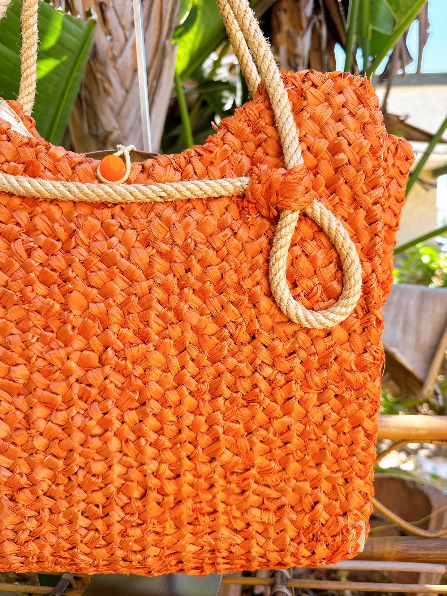 1960s Orange Raffia and Rope Handles Insulated Tote Bag